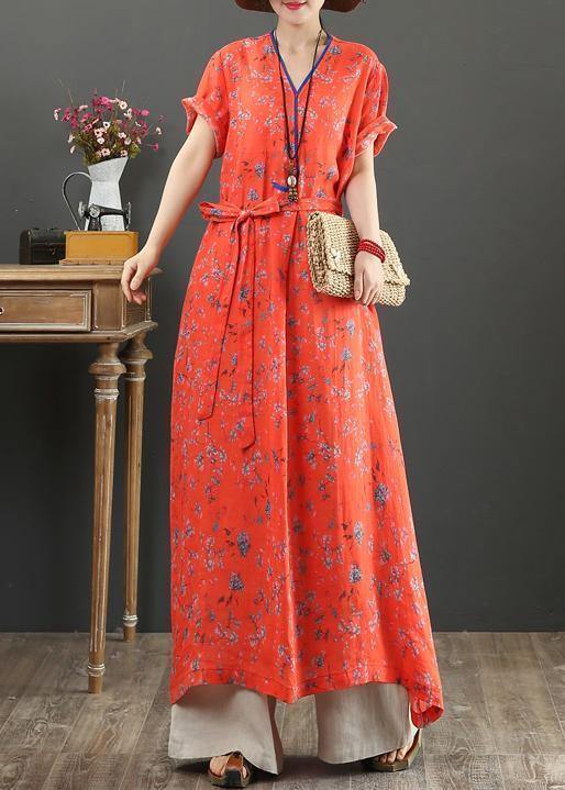 Women red print cotton quilting clothes v neck tie waist Kaftan Dress - SooLinen