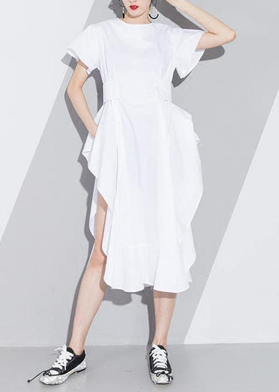 Women white Cotton tunic pattern short sleeve loose asymmetric sundress Dress - SooLinen