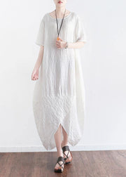 Women white plaid linen clothes front open Maxi summer Dresses - SooLinen