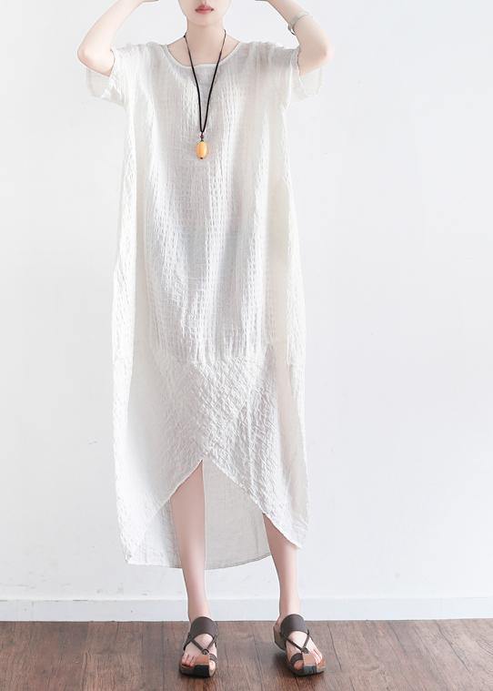 Women white plaid linen clothes front open Maxi summer Dresses - SooLinen