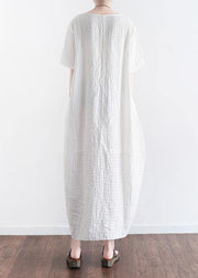 Women white plaid linen clothes front open Maxi summer Dresses - SooLinen