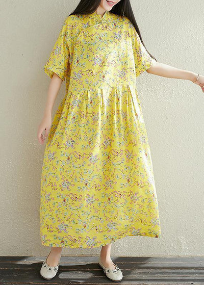 Women yellow prints cotton clothes For Women stand collar A Line summer Dresses - SooLinen