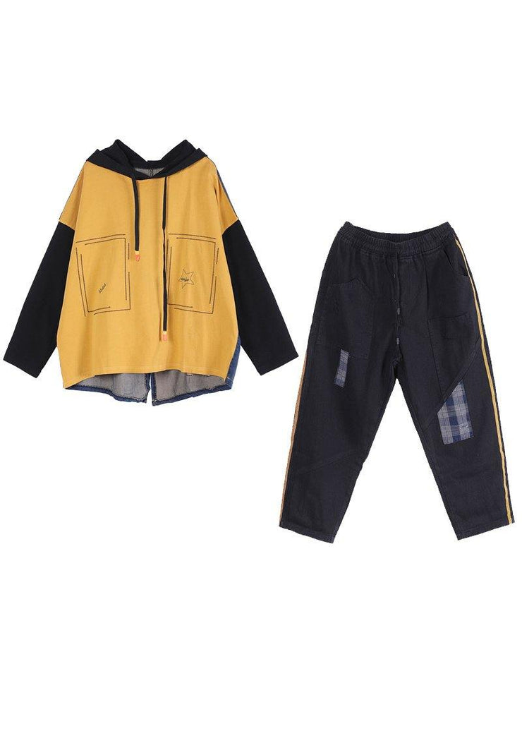 Yellow Loose Denim StitChing Suit - SooLinen