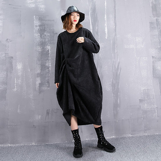 baggy black maxi dress casual O neck traveling dress fine asymmetric dresses