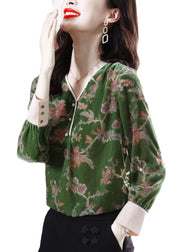 diy Green V Neck Print Velour Blouse Tops Spring