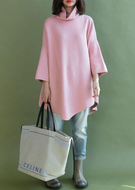 diy pink shirts asymmetric hem wool high neck blouse - SooLinen