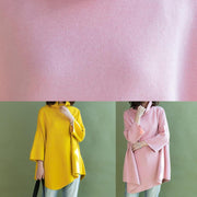 diy pink shirts asymmetric hem wool high neck blouse - SooLinen