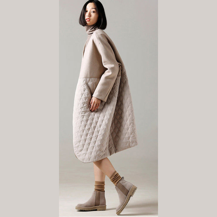 fashion beige Woolen Coat medium length patchwork v neck coat