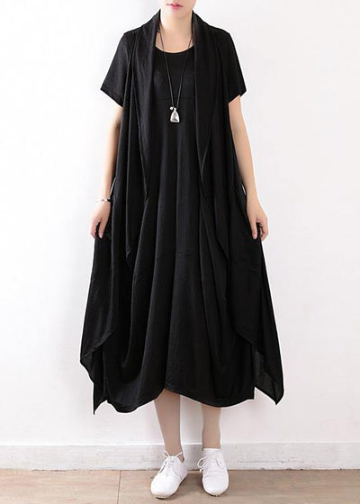 fashion black linen cotton short sleeve dresses and sleeveless coat two pieces - SooLinen