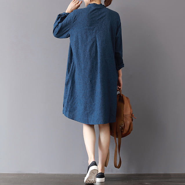 fashion blue linen shift dresses Loose fitting traveling shirt dress 2018 ruffles collar cotton clothing