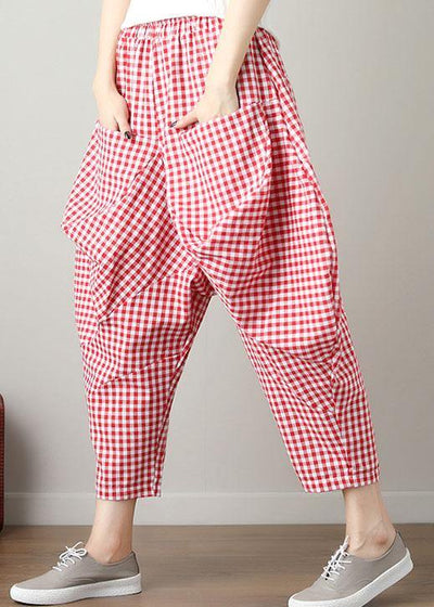 fashion casual red plaid cotton crop pants loose elastic waist pants - SooLinen