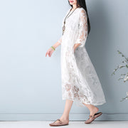 fashion white hollow out maxi dresses o neck Half sleeve summer dress asymmetric summer maxi dress