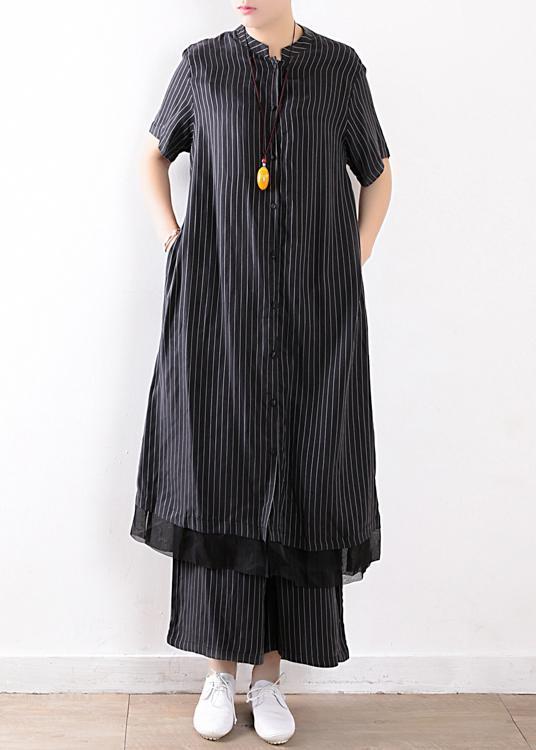 new black Chiffon striped two pieces women long shirt with casual wide leg pants