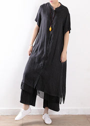 new black Chiffon striped two pieces women long shirt with casual wide leg pants