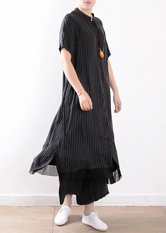 new black Chiffon striped two pieces women long shirt with casual wide leg pants