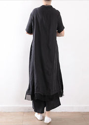 new black Chiffon striped two pieces women long shirt with casual wide leg pants