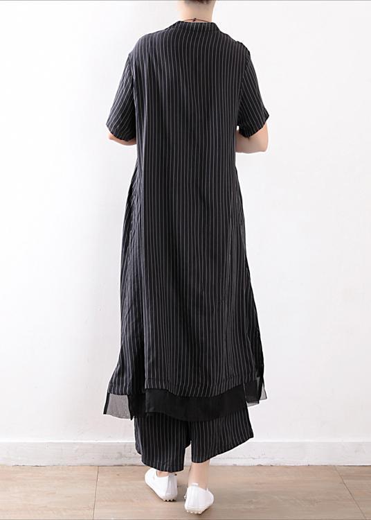 new black Chiffon striped two pieces women long shirt with casual wide leg pants