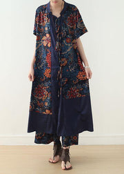 new loose blue retro print pattern v-neck silk cardigan and wide leg pants two-piece - SooLinen