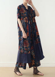 new loose blue retro print pattern v-neck silk cardigan and wide leg pants two-piece - SooLinen