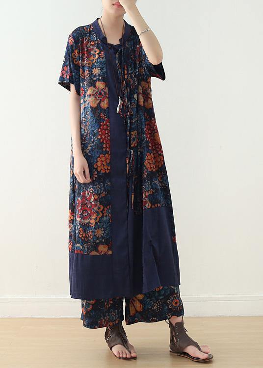 new loose blue retro print pattern v-neck silk cardigan and wide leg pants two-piece - SooLinen