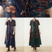 new loose blue retro print pattern v-neck silk cardigan and wide leg pants two-piece - SooLinen