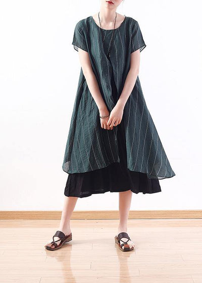 new original design green art  thin o neck fake two pieces of pinstripe dress - SooLinen