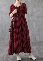 Vivid patchwork linen quilting dresses Runway black plaid Dresses summer - SooLinen