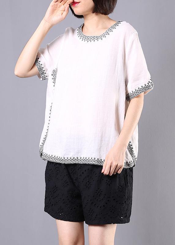 summer cotton linen white embroidery o neck tops and hollow out shorts - SooLinen