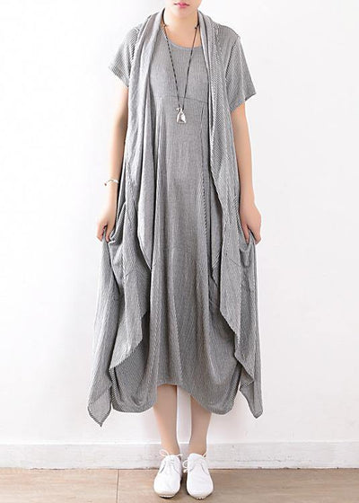 summer new gray original design striped dress long dresses and vest outside wearing casual suit - SooLinen