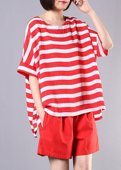 summer women two pieces red striped o neck tops and casual shorts - SooLinen