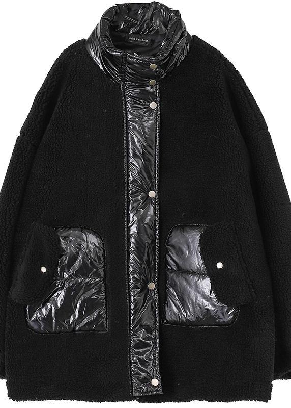 black wool coat stand collar patchwork women coats - SooLinen