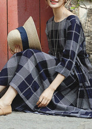 fine blue plaid grid chiffon caftans Loose fitting o neck baggy dresses gown women half sleeve pockets dresses