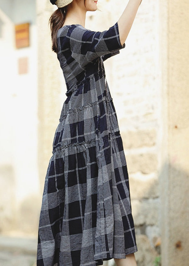 fine blue plaid grid chiffon caftans Loose fitting o neck baggy dresses gown women half sleeve pockets dresses