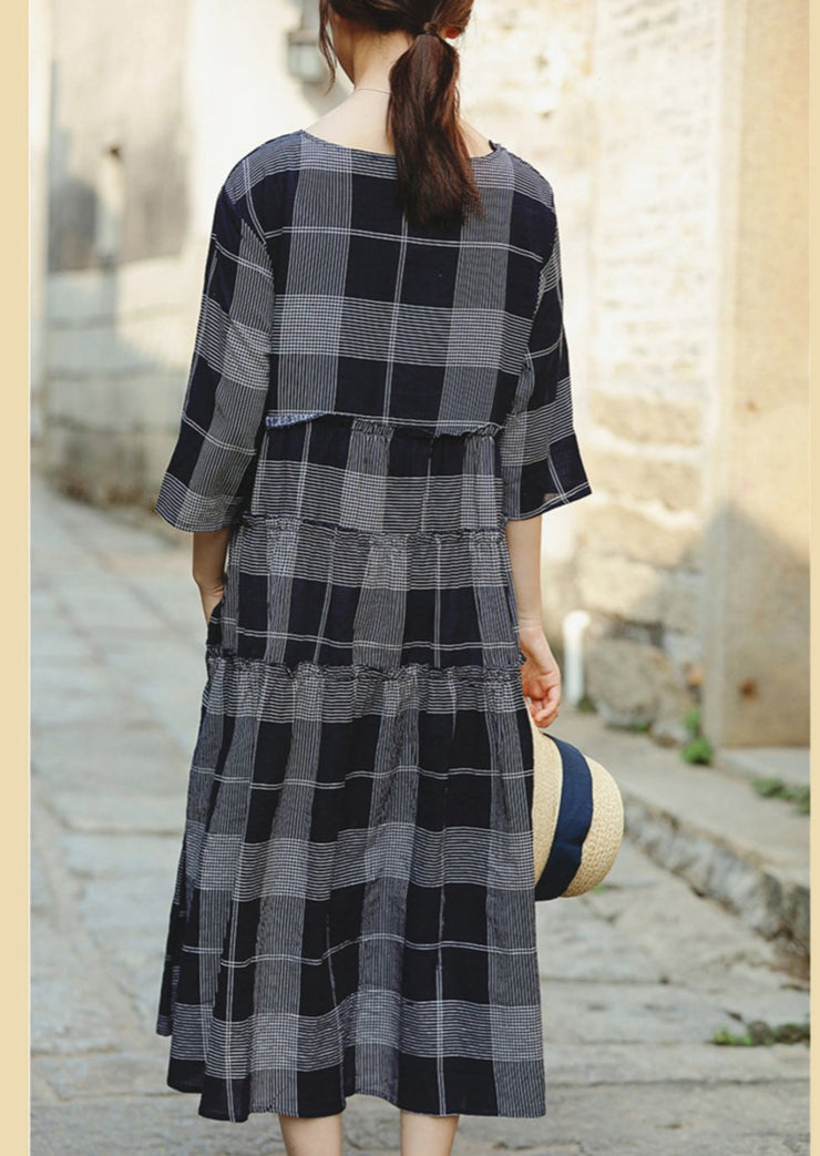 fine blue plaid grid chiffon caftans Loose fitting o neck baggy dresses gown women half sleeve pockets dresses