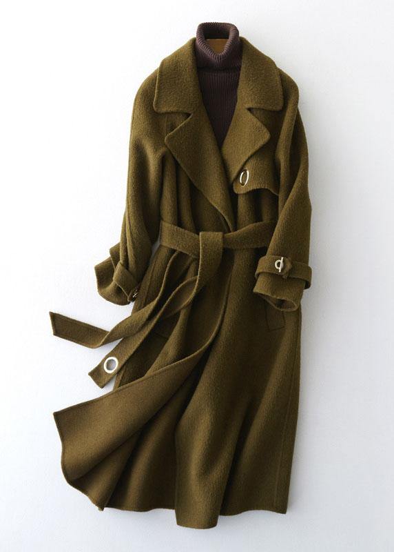 fine green Woolen Coats Loose fitting long coats tie waist outwear lapel collar - SooLinen