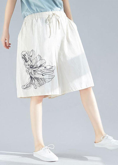 white embroidery blended loose pants casual elastic waist shorts - SooLinen