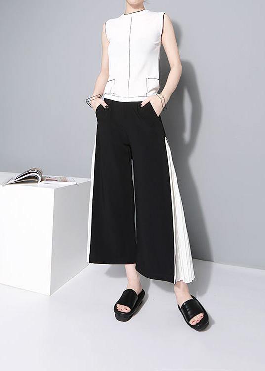 women black chiffon patchwork pants loose casual wide leg pants - SooLinen