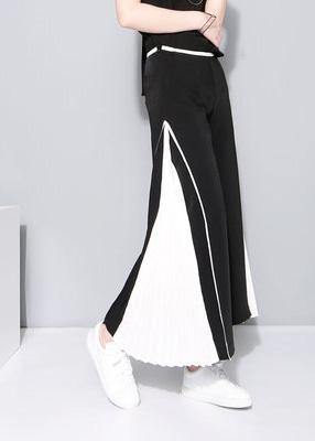 women black chiffon patchwork pants loose casual wide leg pants - SooLinen