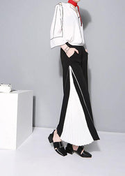 women black chiffon patchwork pants loose casual wide leg pants - SooLinen