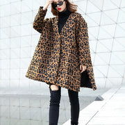 women brown Leopard coat casual v neck pockets Winter coat Elegant side open coats