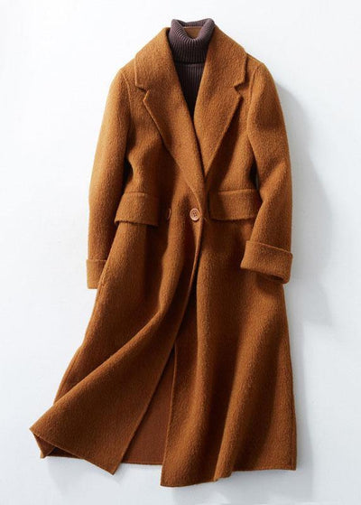 women casual long coats pockets coats brown Notched wool coat - SooLinen