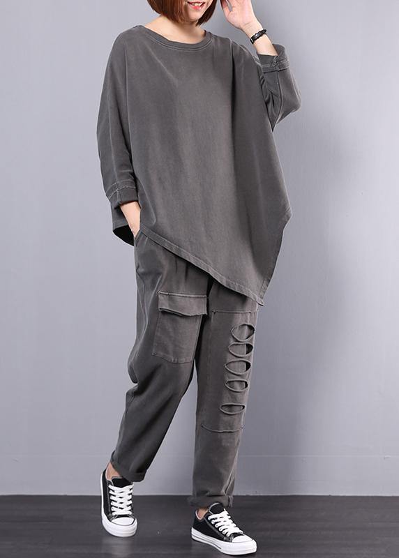 women cotton gray asymmetric tops and big pockets sport pants two pieces - SooLinen