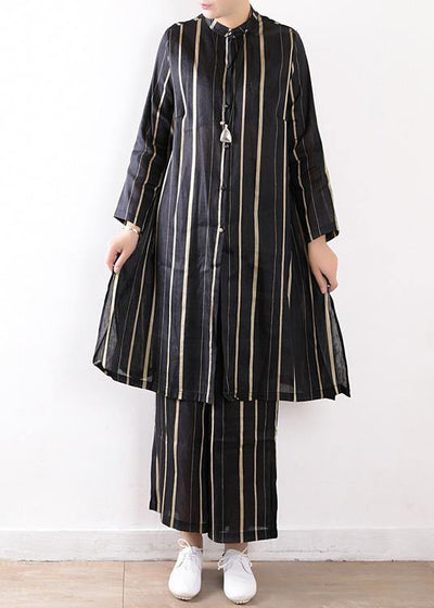 women fashion linen black two pieces long sleeve silk shirt with wide leg pants - SooLinen